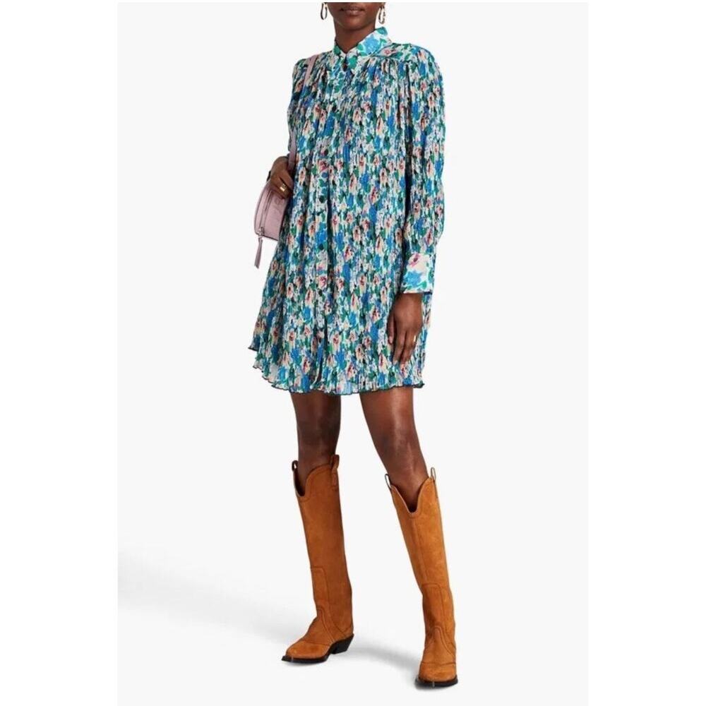 Ganni Floral Pleated Georgette Mini Shirt Dress
